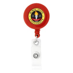 A round badge holder in red with a clear strap and a logo on the front.