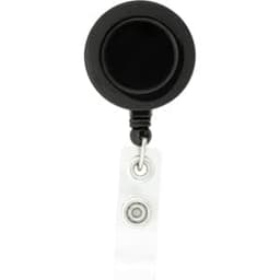 A round black badge holder with a clear retractable strap and metal clip. Features a logo on the front.