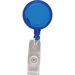 A round badge holder in blue, featuring a retractable cord and a clear clip for attachment.