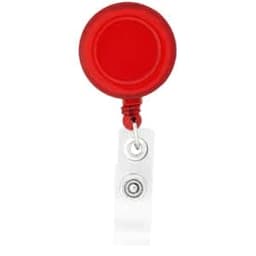 A red round badge holder with a retractable cord and a clear clip for attachment.