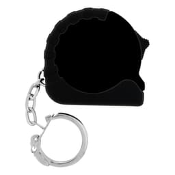 A black mini tape measure with a silver keychain attachment. The product has a rounded, compact design.