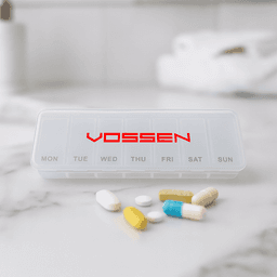 A transparent pill box with compartments for each day of the week, featuring various coloured pills beside it. It has a logo.