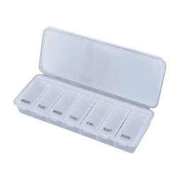 A clear plastic pill box with compartments for each day of the week, featuring a flip-top lid and a simple design.