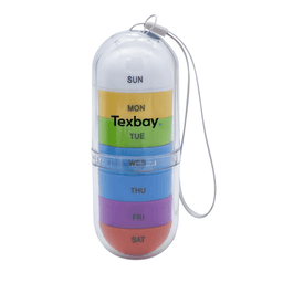 A transparent pill tube with seven coloured compartments for each day of the week, featuring a white cap and a string.