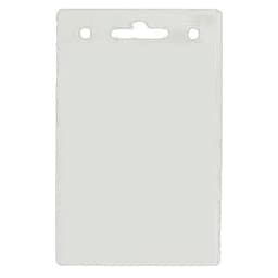 A clear plastic badge holder with two holes at the top for attaching a lanyard or clip.