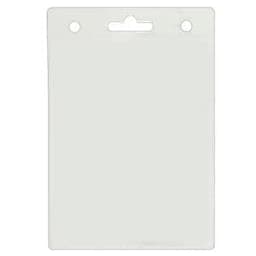 A clear plastic badge holder measuring 110mm W x 160mm H with a slot for attachment at the top.