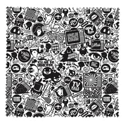 A medium microfibre cloth featuring a bold black and white comic-style design with various illustrations and patterns.