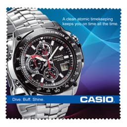 A metallic wristwatch with a black dial, featuring multiple dials and a silver stainless steel band, displayed on a vibrant background.