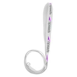 A white dog leash featuring a patterned design in purple, with a looped handle and a branding logo.