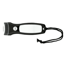 A black and white magnetic flashlight with a wrist strap and a logo on its body.