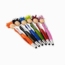 A set of six colourful Mop Head Pens with Stylus, featuring playful character toppers, displayed on a desk.