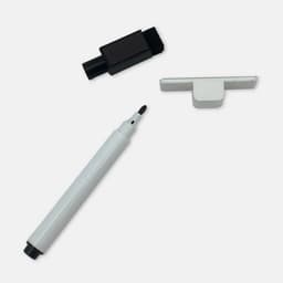 A magnetic whiteboard marker in white, with a black eraser and a white cap, set against a plain background.