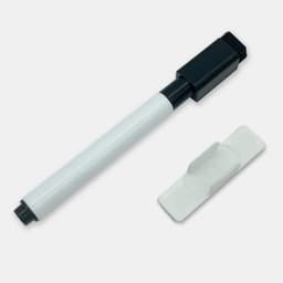 A white dry erase marker with a black tip, accompanied by a white marker holder.