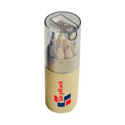 A pencil set featuring an assortment of coloured pencils housed in a clear, cylindrical sharpener container with branding.