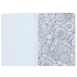 A5 colouring book featuring intricate black and white floral designs on one page and a blank page on the other.