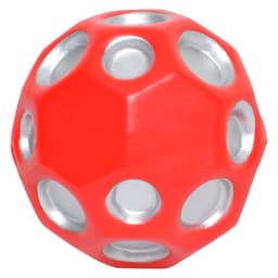 A red and silver high bounce ball with multiple holes, designed for fun and games. It has a logo on the surface.
