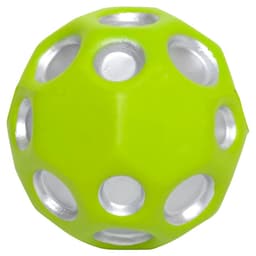A bright lime green high bounce ball with silver holes, featuring a logo on the surface.