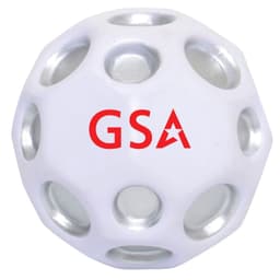 A high bounce ball in white with silver accents and a logo featuring red text.
