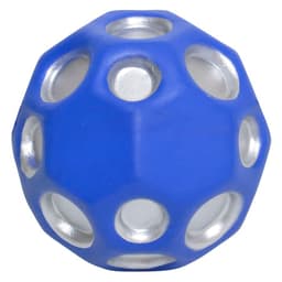 A blue and silver high bounce ball with multiple holes, designed for fun and entertainment.
