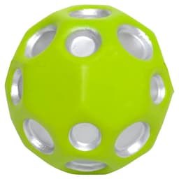 A high bounce ball in bright green with silver cut-out holes, featuring a smooth texture.