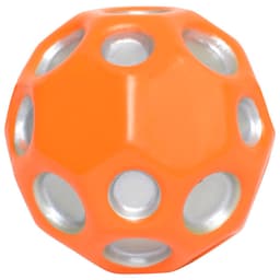 An orange high bounce ball with silver accents and hollow hexagonal openings. It has a smooth surface.