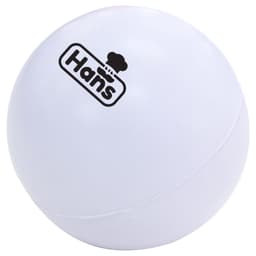 A white massage ball featuring a logo. It is round and smooth, designed for stress relief.