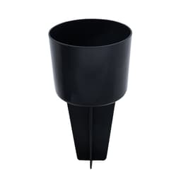 A black drink bottle holder with a pointed base for securing it into the ground. It features a smooth finish and a branded logo.