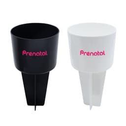 Two drink bottles in black and white, each with a logo on the front and a pointed base.