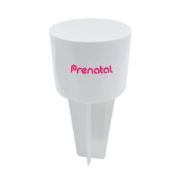A white sand spike with a pointed base and a wide top, featuring a pink logo.