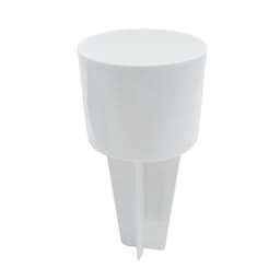 A white sand spike with a tapered base and a wide, circular top, featuring a logo.