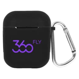 A black earbud case with a carabiner clip and a purple logo on the front.
