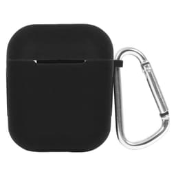 A black earbud case with a silver carabiner attached. The case features a smooth finish and has a branding logo.