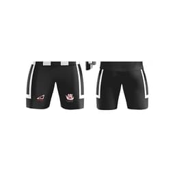 Black sports shorts featuring white stripes and a logo. Suitable for soccer or touch football.