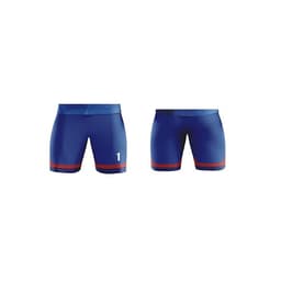 A pair of blue sports shorts featuring a contrasting red trim and a logo on one side.
