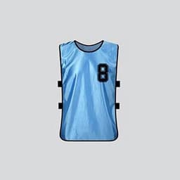 A light blue soccer vest with adjustable sides and the number 8 on the front. It features a simple design and a logo.
