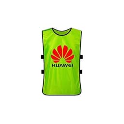 A bright green sports vest featuring a logo, designed for use in soccer and other sports activities.