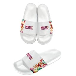 A pair of white slide sandals featuring a colourful design and a logo on the straps.
