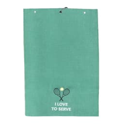 A green golf towel with a textured surface and a design featuring crossed racquets and a ball, along with the text.
