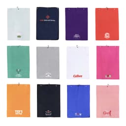 A collection of various golf towels in multiple colours, featuring different designs and logos, arranged in a grid.