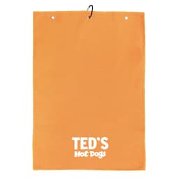 An orange golf towel with a textured surface and a logo at the bottom. It features two hanging holes.