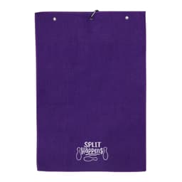 A purple golf towel with a textured surface and an attached loop for hanging, featuring a logo.