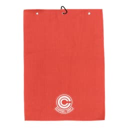 A red golf towel featuring a logo, designed with a hanging hook for convenience.