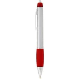 A metal pen featuring a silver body and a red grip, with a clip and a logo.