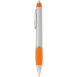 A silver metal pen with an orange grip and top. The pen has a clip and a logo on its body.