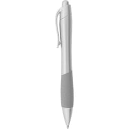 A metallic pen with a silver finish and grey grip, featuring a clip and a logo.