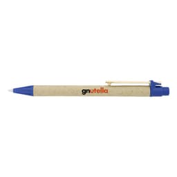 A blue pen with a natural paper barrel and a clip, featuring a logo on the side.