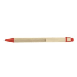 A pen with a natural kraft barrel and red accents, featuring a rounded top and a logo.
