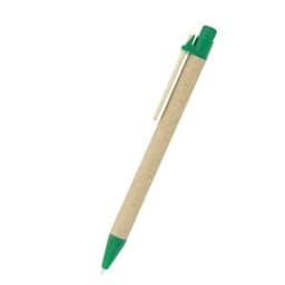 A pen with a beige barrel and green accents, featuring a clip and branding.