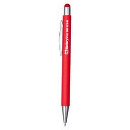 A red metal pen with a silver clip and tip, featuring a logo on its body.