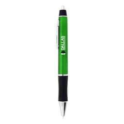 A green plastic pen with a black grip and silver accents, featuring a logo on the barrel.